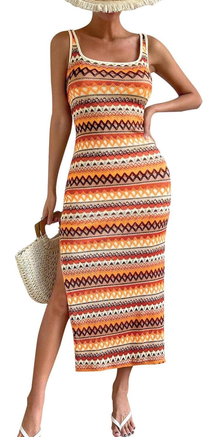 PRETTYGARDEN Womens 2024 Summer Fitted Tight Square Neck Beach Sundress