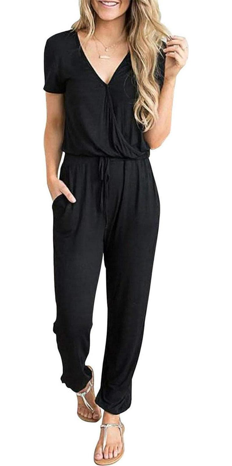 PRETTYGARDEN Womens Deep V Neck Wrap Drawstring Waist Jumpsuit