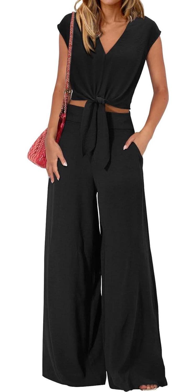 PRETTYGARDEN Women’s Summer 2 Piece Outfits 2024 Cap Sleeve V Neck Belted Crop Tops Wide Leg Pant Sets Casual Tracksuit