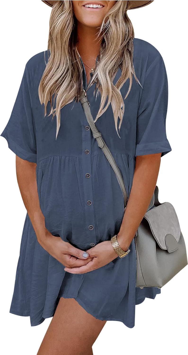PYGFEMR Women’s Short Sleeve Babydoll Dress Button Down Dresses with Pockets