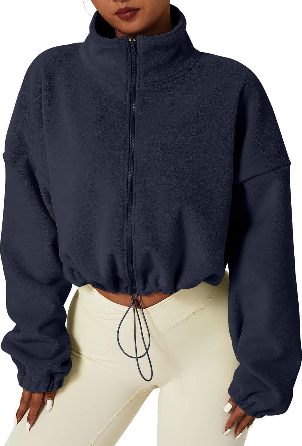 QINSEN Women’s Full Zip Fleece Short Jacket Warm Winter Long Sleeve Stand Collar Sherpa Crop Coat