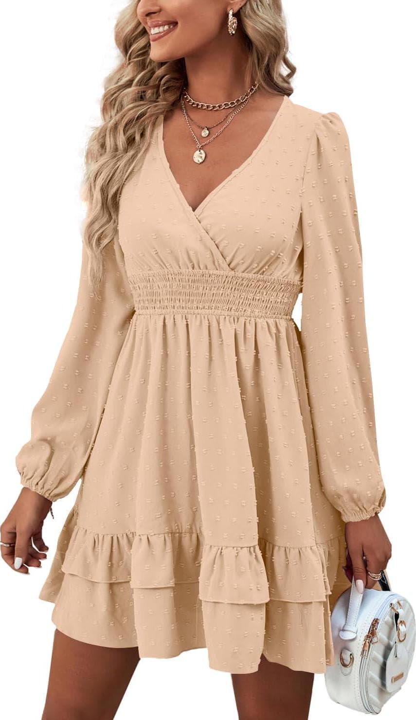 Rooscier Women’s Wrap V Neck Swing Ruffle Swiss Dots Long Sleeve Mini Dress