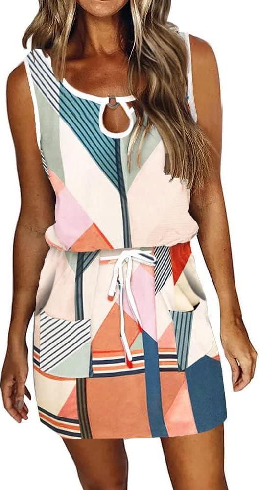 SAUKOLE Womens Summer Causal Loose Sleeveless Crew Neck Drawstring Waist Mini Short Dress with Pockets