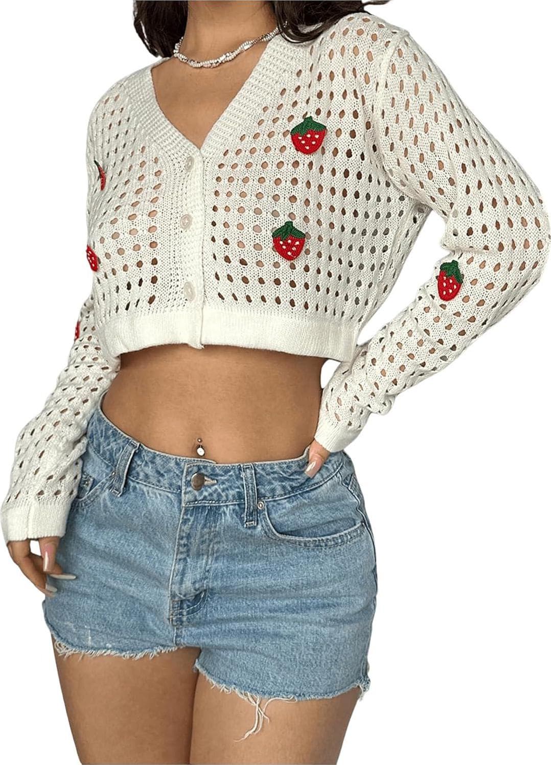 SHENHE Women’s Hollow Out Button Down V Neck Knit Cropped Strawberry Cardigan Sweater