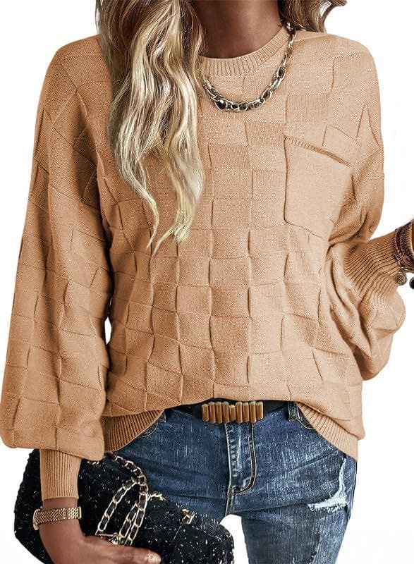 SHEWIN Womens 2024 Casual Long Sleeve Tops Sweaters Solid Color Crewneck Loose Pullover Checkered Knit Sweaters Shirts