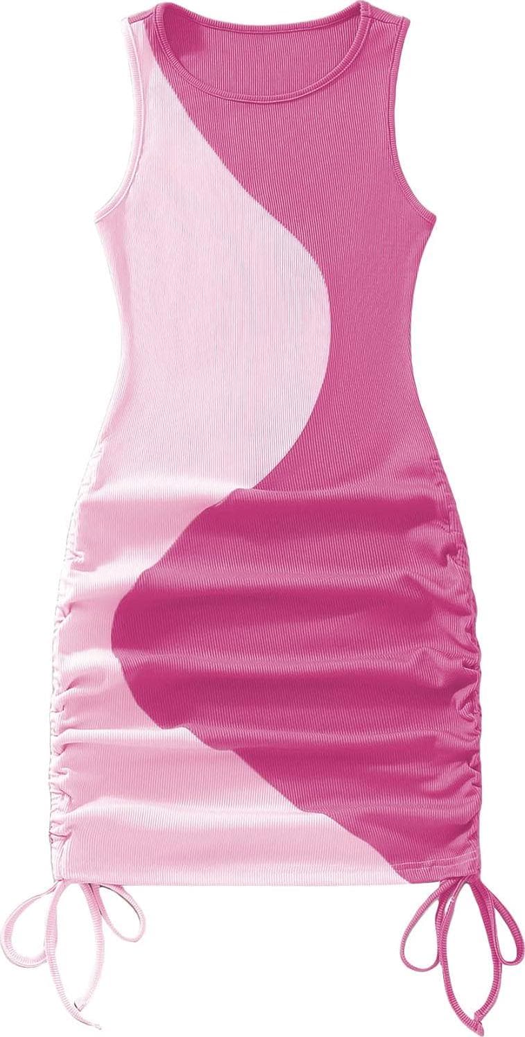Verdusa Women’s Color Block Drawstring Ruched Ribbed Mini Tank Bodycon Dress