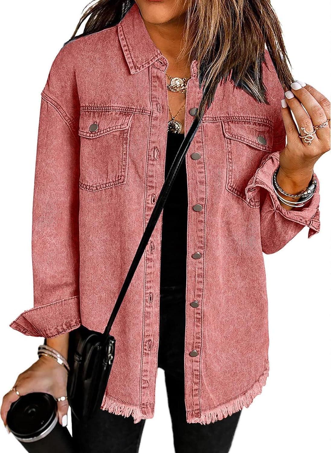Vetinee Women s Oversized Button Up Frayed Hem Shacket Long Sleeve Pockets Denim Jean Jacket