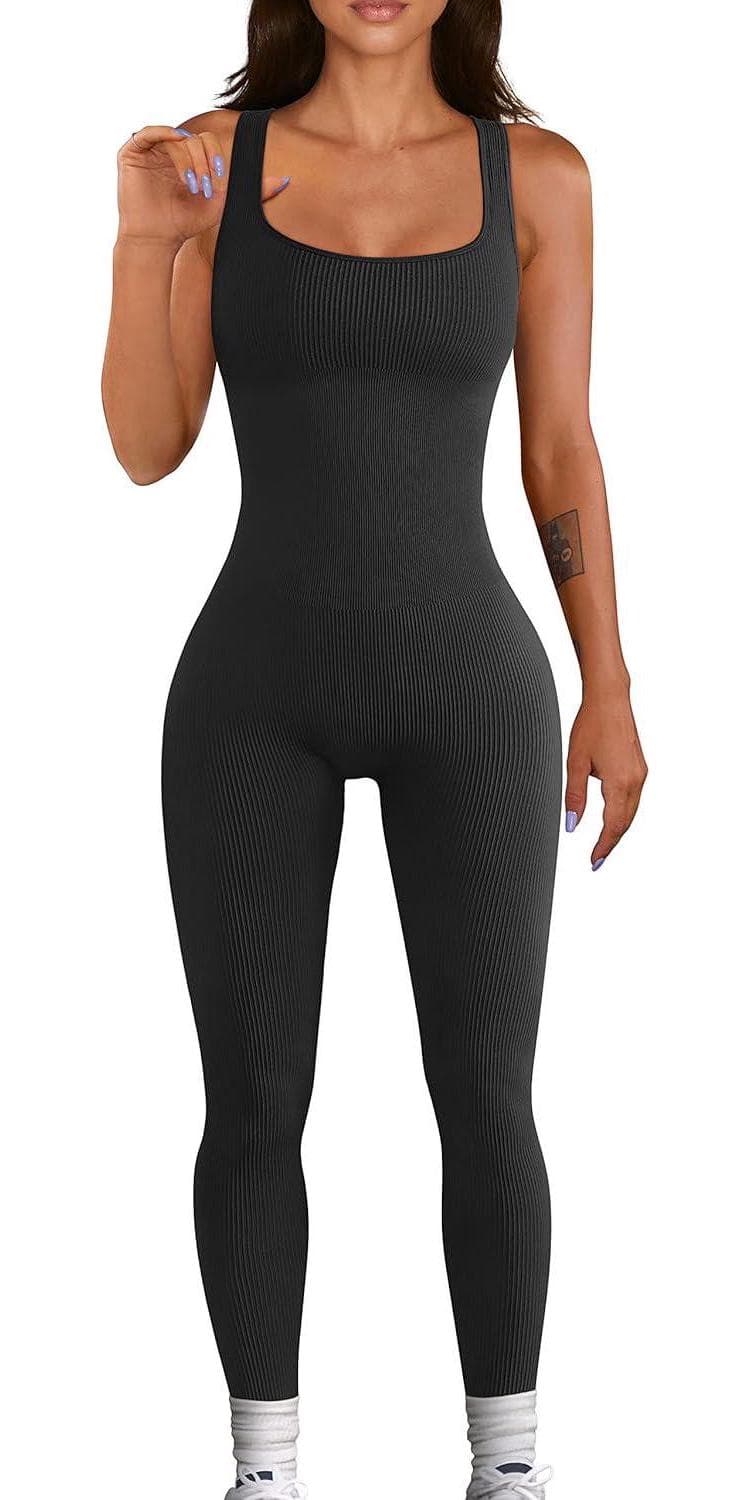 Women Workout Seamless Jumpsuit Yoga Ribbed Bodycon One Piece Square Neck Leggings Romper