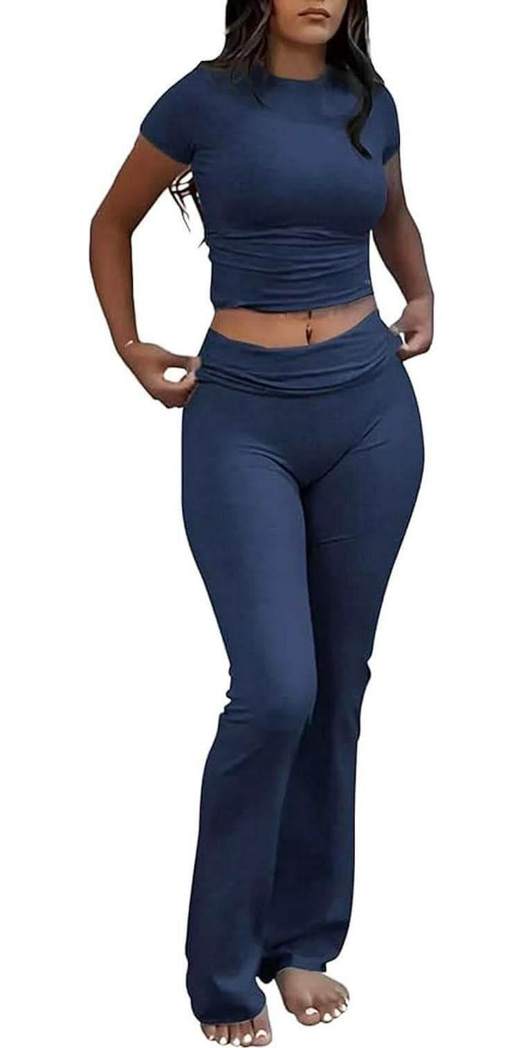 Women’s 2 Piece Lounge Outfits Slim Short Sleeve Tops Low Rise Flare Leggings Sets Yoga Sweatsuit