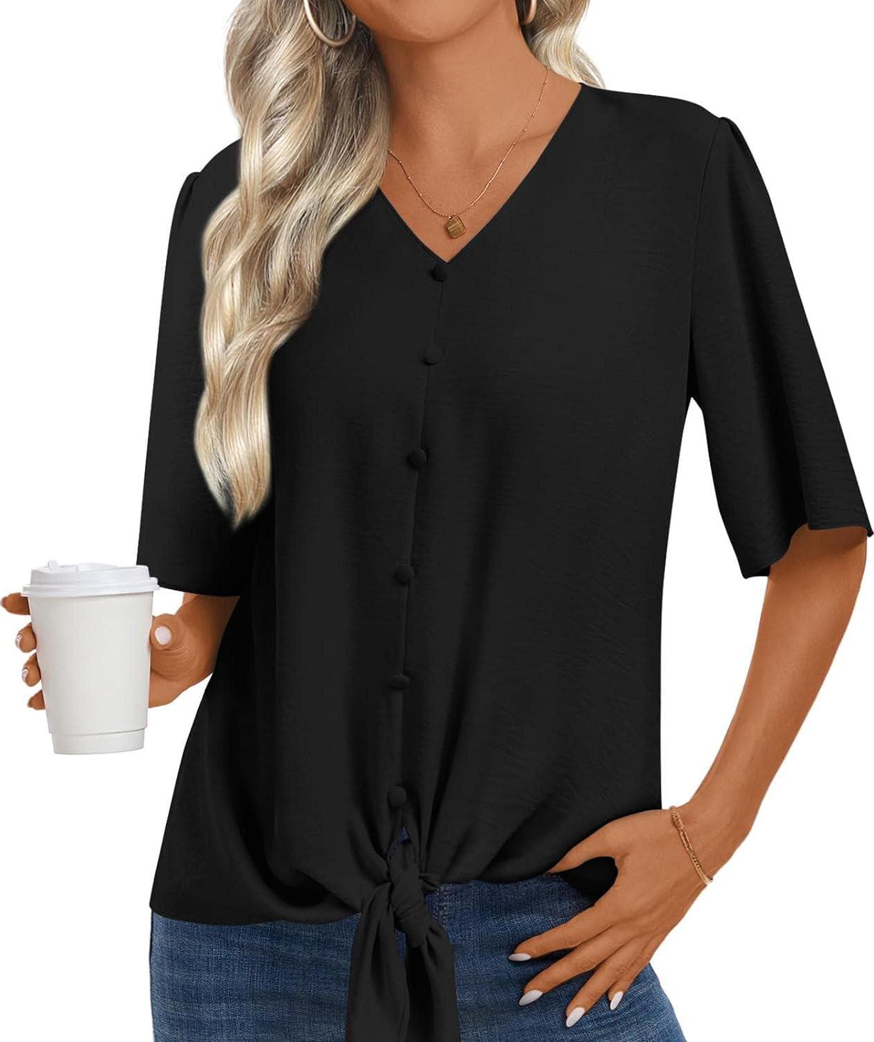 Womens 2024 Summer Tops V-Neck Casual Button Down Shirts Short Sleeve Trendy Blouses