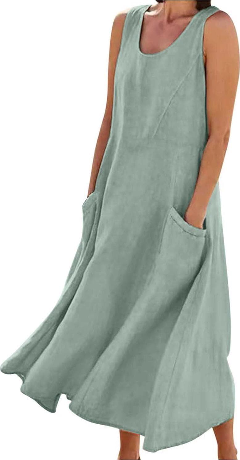 Women’s Summer Cotton Linen Long Dress Sleeveless Elegant Flowy Dresses Plus Size Loose Comfy Dress with Pockets