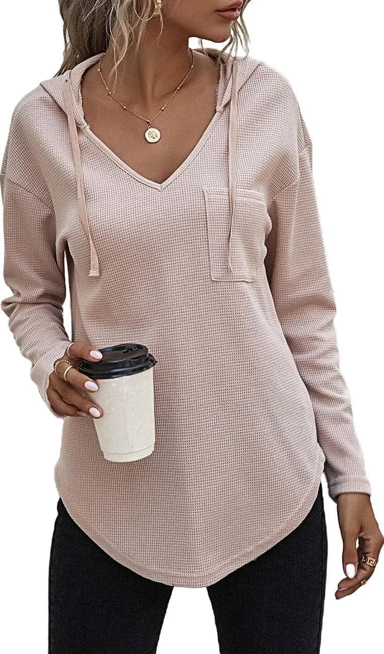 Women’s V Neck Hoodies Long Sleeve Sweatshirt Drawstring Pullover Tops with Pocket