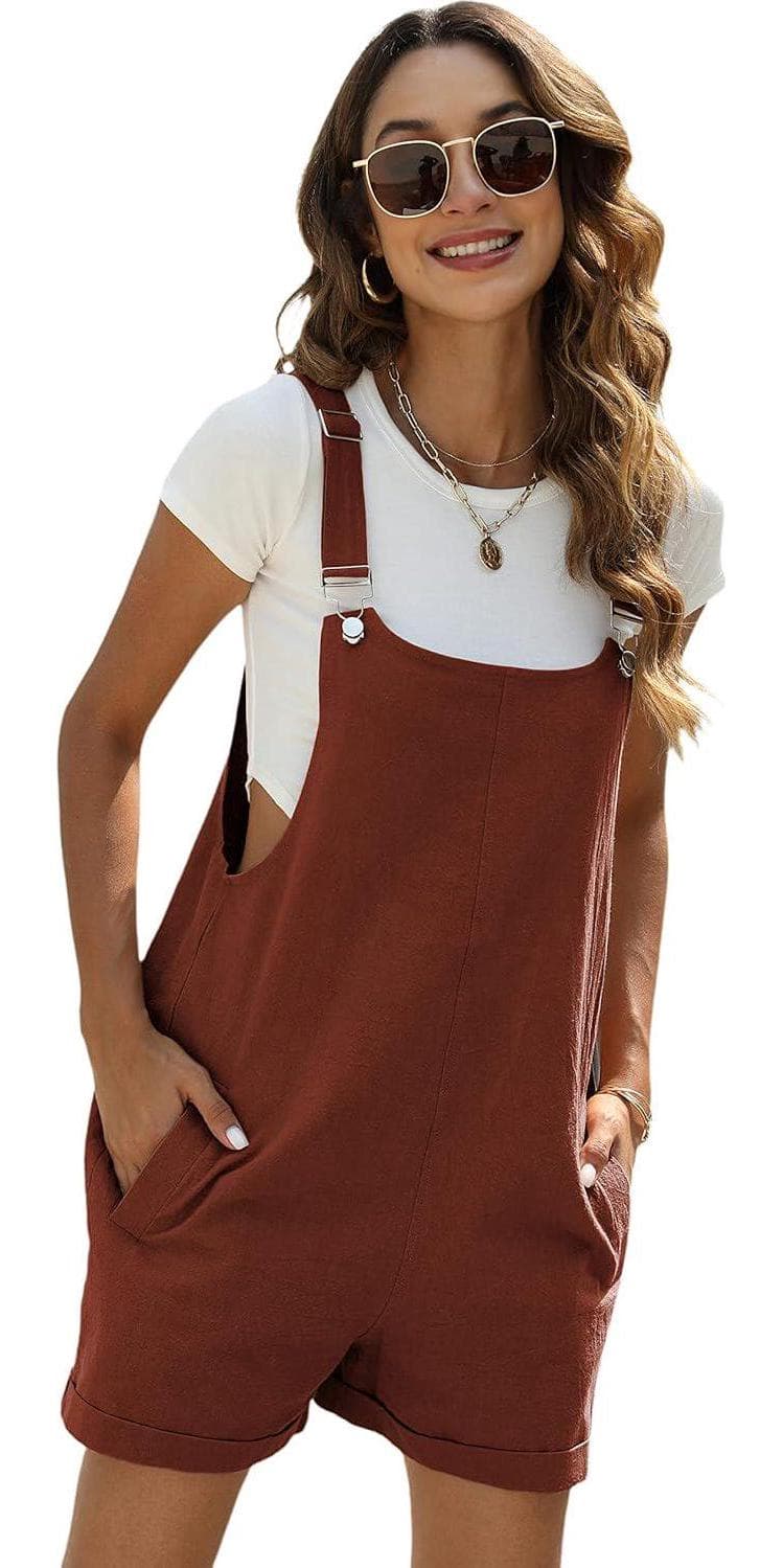 Yeokou Women’s Cotton Linen Short Overalls Casual Summer Bib Shortalls with Pockets