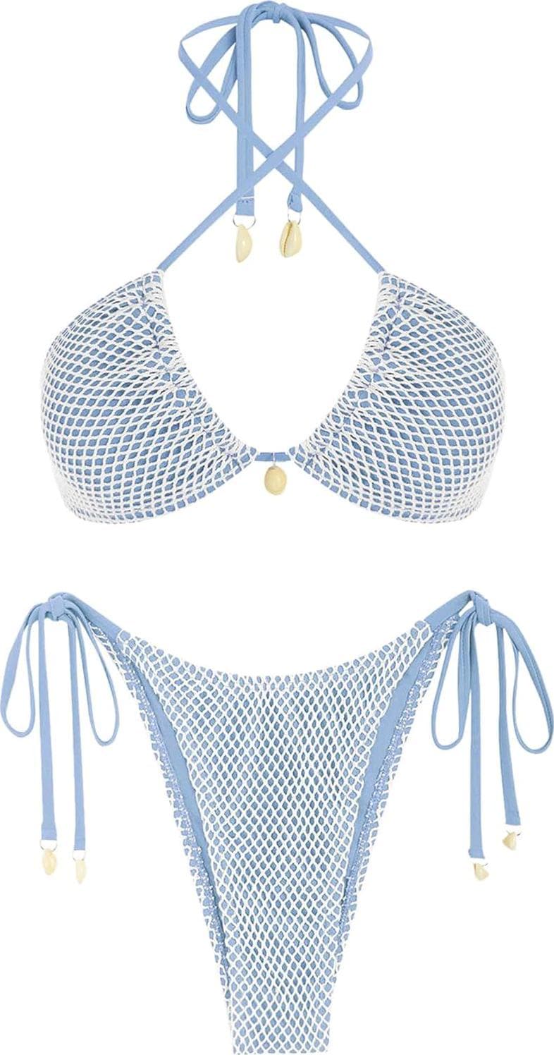 ZAFUL Women’s Triangle Bikini Multiway Fishnet Tie Side Bandeau Halter String Bikini Set Two Piece Swimsuit Bathing Suits