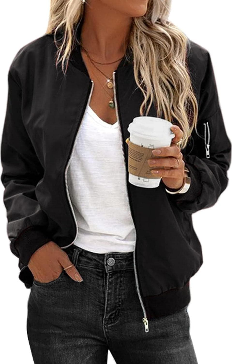 Zeagoo Women’s Bomber Jacket Casual Coat Zip Up Outerwear Windbreaker with Pockets S-XXL