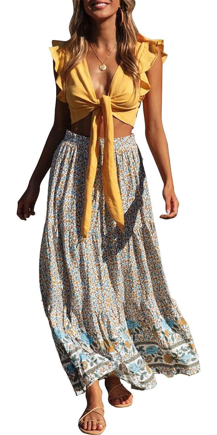 ZESICA Women’s 2024 Bohemian Floral Printed Elastic Waist A Line Maxi Skirt with Pockets