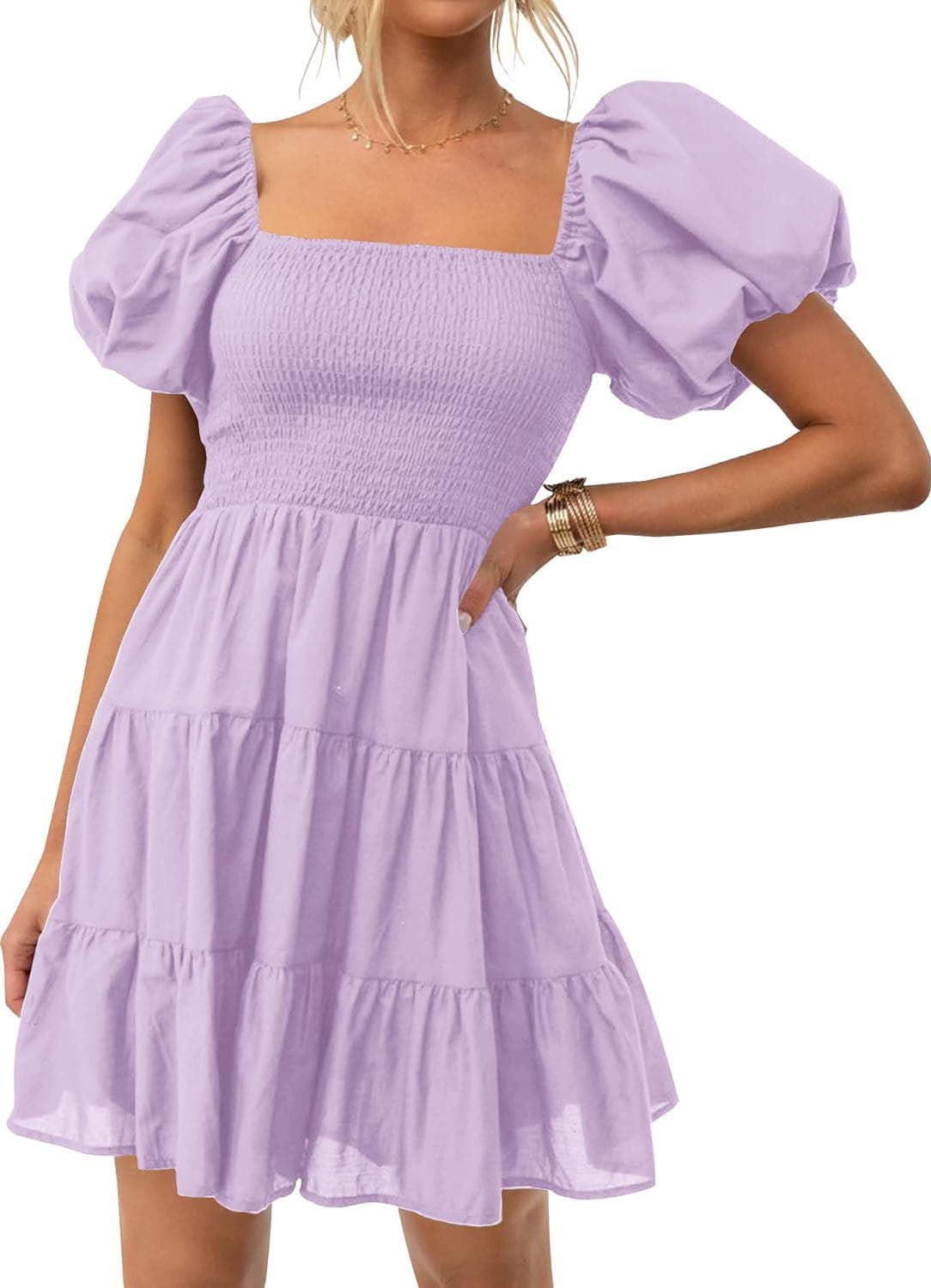 ZESICA Women’s 2024 Boho Summer Square Neck Puff Sleeve Off Shoulder Smocked Tiered Casual A Line Short Mini Dress