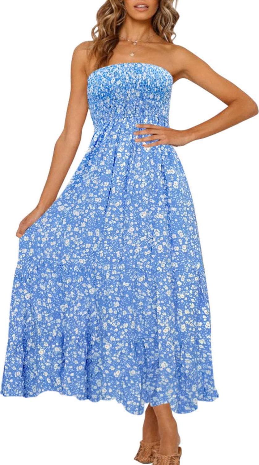 ZESICA Women’s 2024 Summer Bohemian Floral Printed Strapless Beach Party Long Maxi Dress