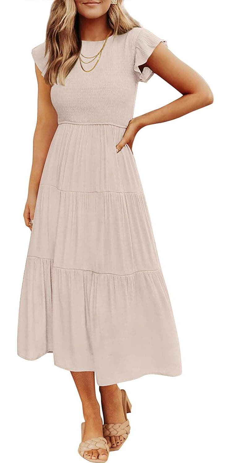 ZESICA Women’s 2024 Summer Casual Flutter Short Sleeve Crew Neck Smocked Elastic Waist Tiered Midi Dress