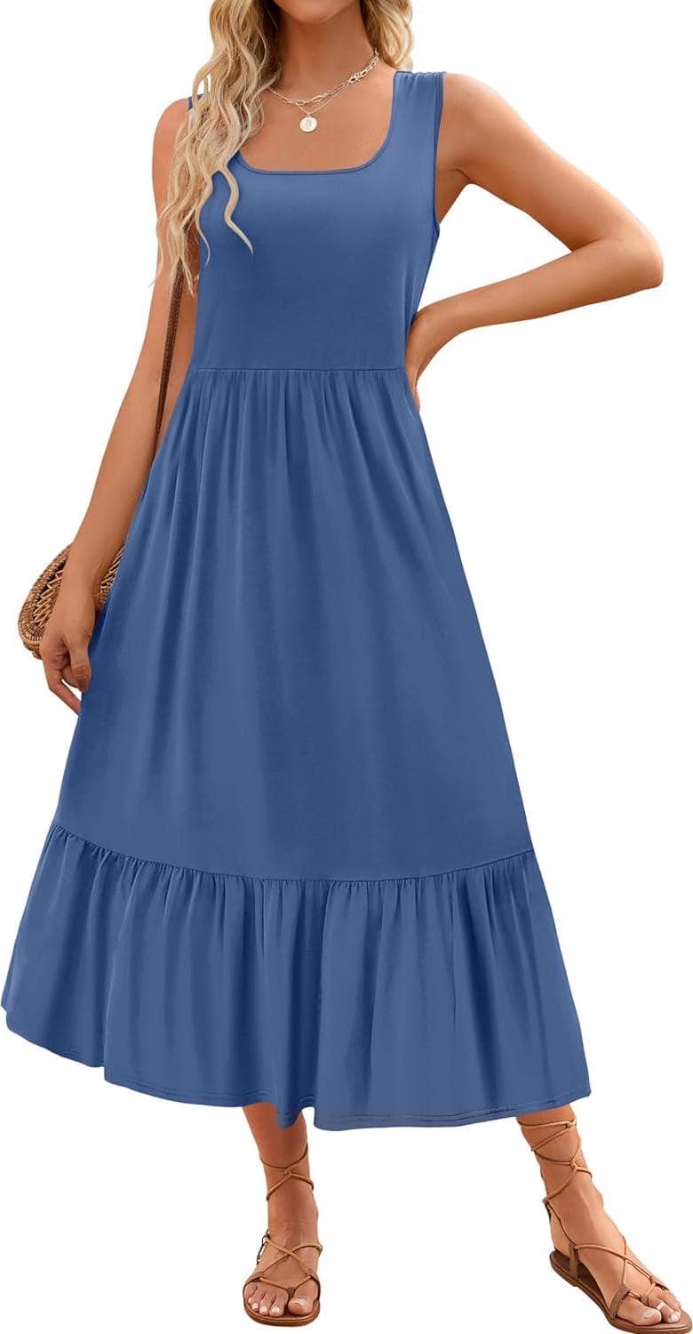 ZESICA Women’s 2024 Summer Sleeveless Dress Square Neck Pleated Swing Casual Maxi Dresses with Pockets