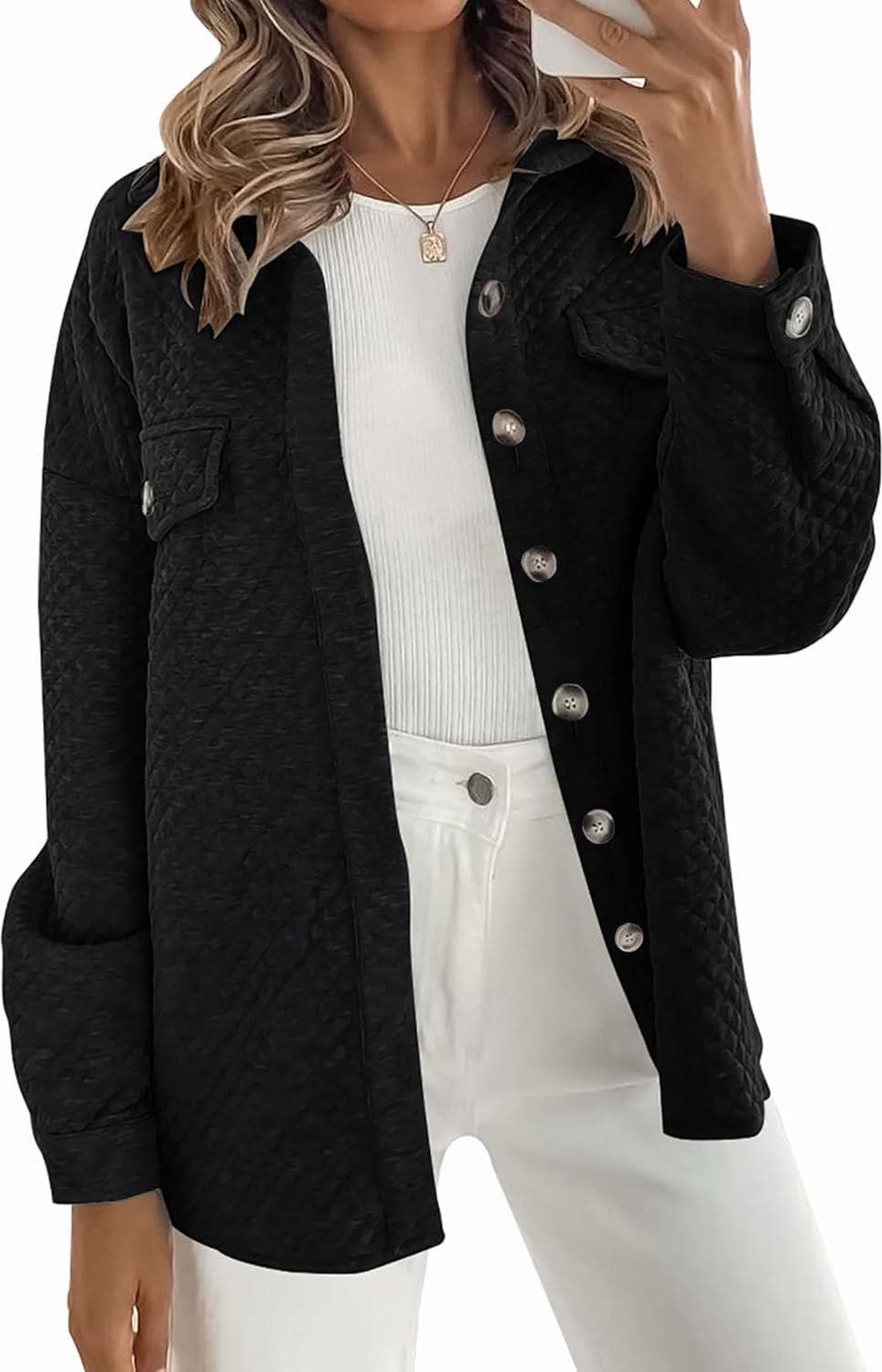 ZESICA Women’s Casual Long Sleeve Button Down Loose Lightweight Shacket Shirt Jacket Coat Outerwear with Pockets