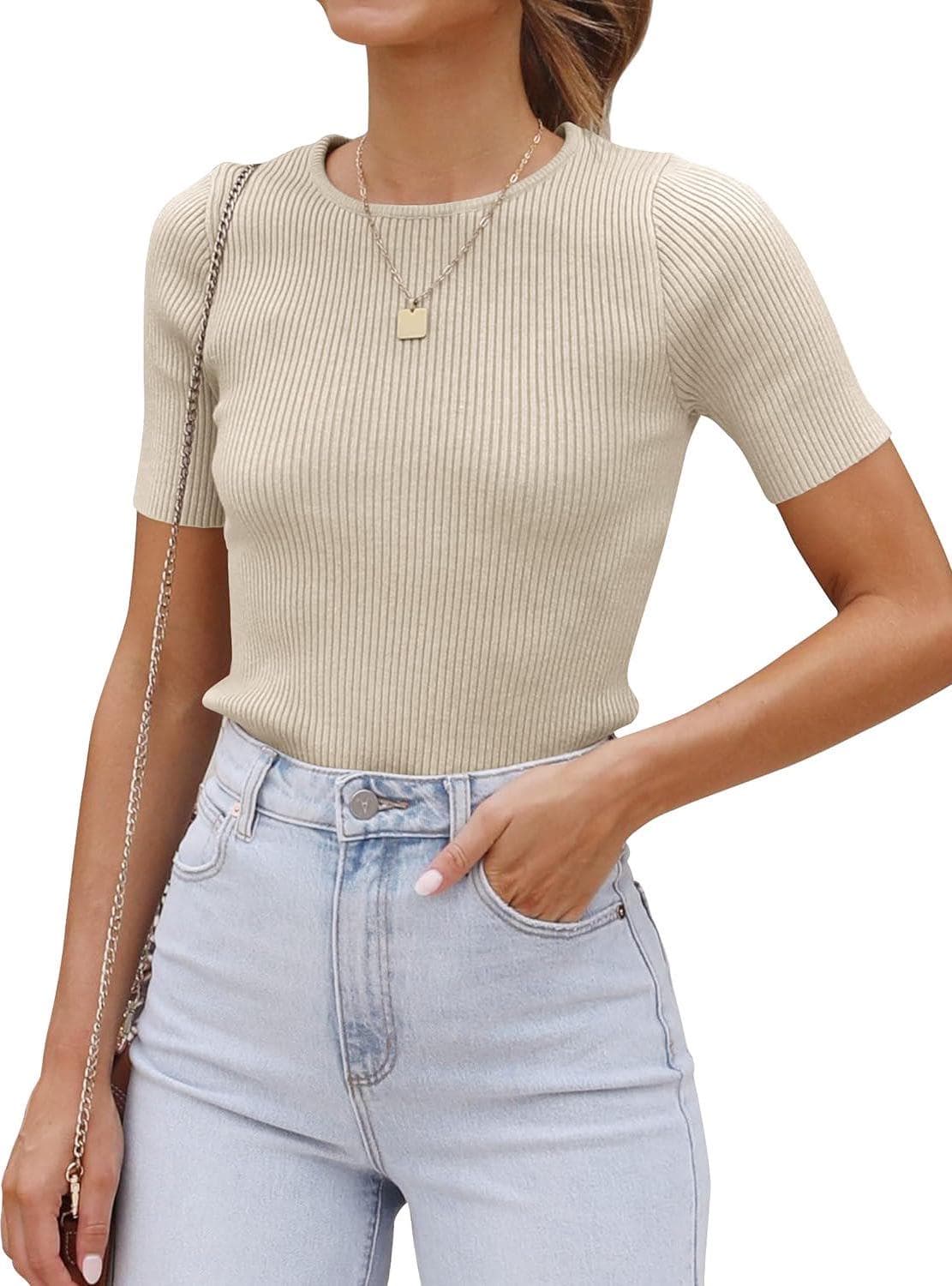 ZESICA Women’s Short Sleeve Crewneck T Shirt 2024 Summer Ribbed Knit Slim Fit Basic Solid Color Tee Tops